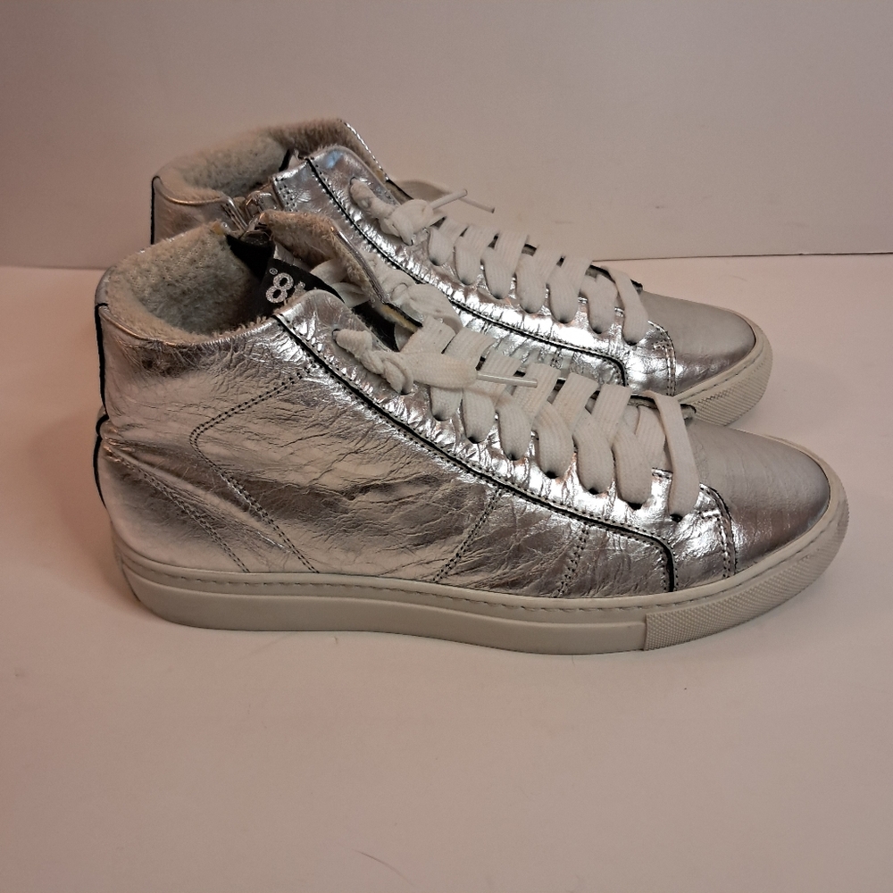 P448 Sneakers Women's 37 7 Silver Metallic High Top Designer Luxury Leather